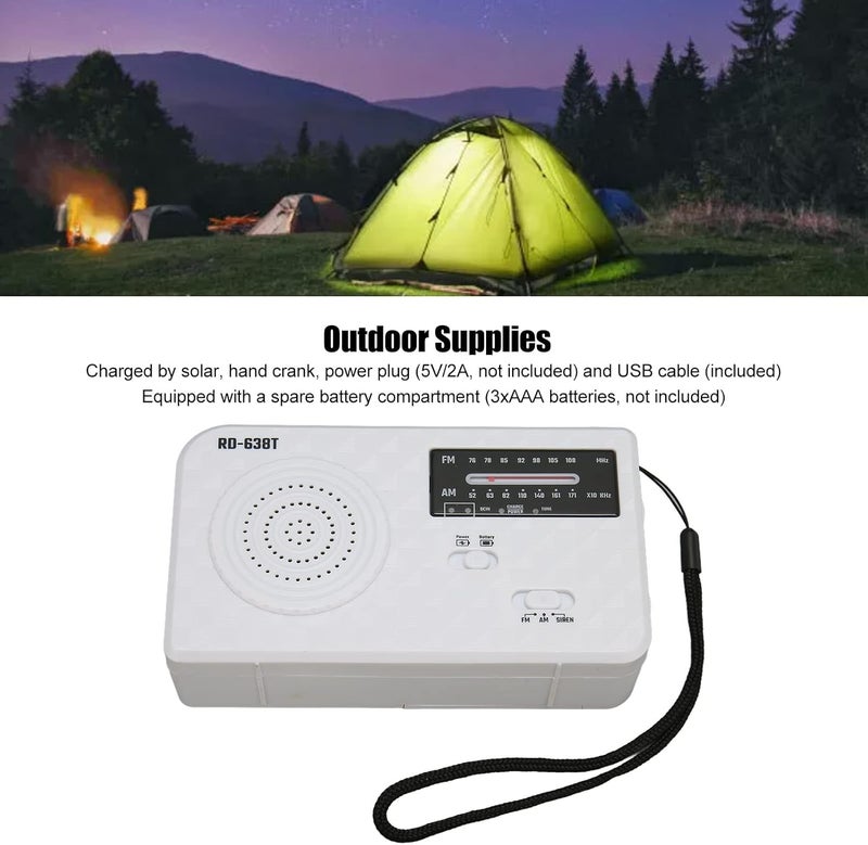 woobles Solar Hand Crank Radio Portable Multifunction FM AM 5 Power Sources Solar Emergency Weather Radio with Flashlight for Outdoor Use (White) - Image 2
